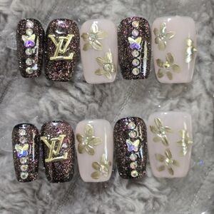 Designer Inspired Glitter Pink & Black Press-On Nail Set with Gold Accents